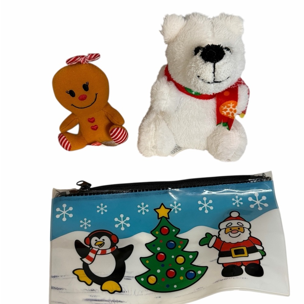 Christmas set 2 plush toys & festive plastic zipper pencil holder